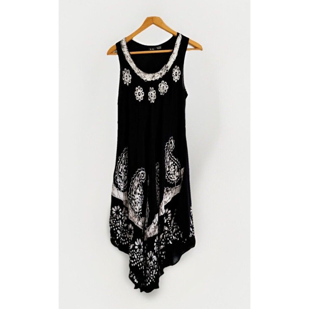 S.R Fashion Black Batik Dress Free Size Boho VTG Embroidered Paisley Bandana